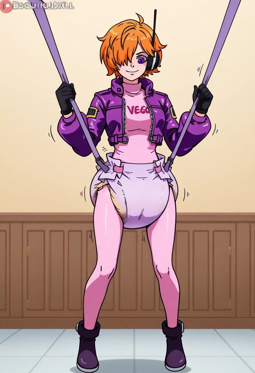 Masterpiece, best quality, Hoshizora rin, eyeless,no eyes, orange hair,(pink tight crop top), halter neck,elbow gloves, (pink latex skirt), in street , bottomless,spanked, on back, spread legs,knee bent, earrings, defeated,torn clothes ,pov hands, sweating, tongue out ,motion lines ,shitting self,scat,ass focus 