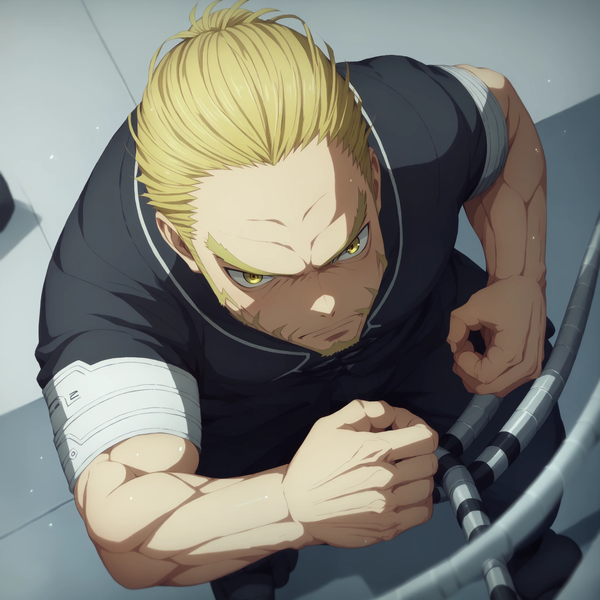 Adult blond hairy boy, shirtless green eyes with abs and skateboarding in a square
