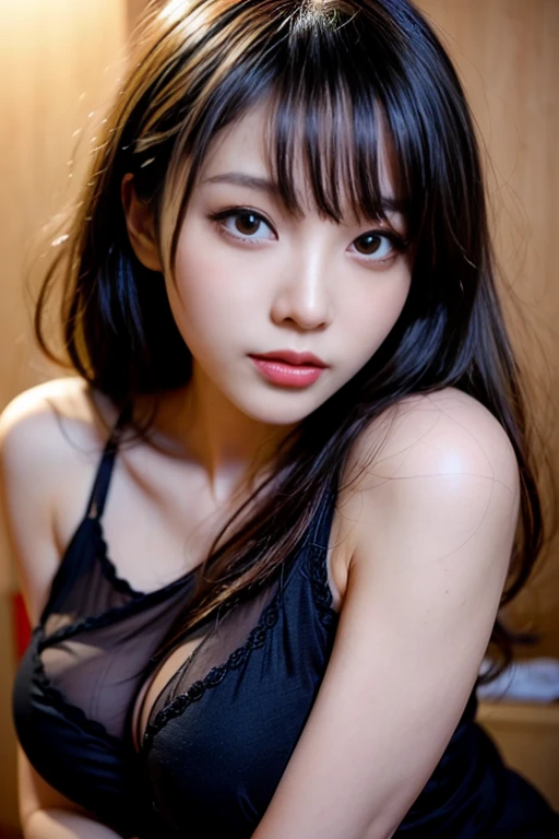 Smile、natta、Raw photography、(((Portrait of extreme beauty)))、((glistning skin))、1 girl、17-year-old beautiful girl in Prague、bright expression、((brown haired))、(Show cleavage)、(Cotton Camisole)、[Big blue eyes that shine like jewels]、Glossy glossy skin、Silky long straight hair、eye liner、Beautiful bangs、Hair between the eyes、((​masterpiece、top-quality、Ultra-detail、Film Light、intricate-detail、hight resolution、ighly detailed))、Detailed background、8 KUHD、Digital SLR、Soft light、hightquality、Film grain、fujifilmxt3 、Shallow depth of field、natural soft light、Kamimei、beutiful breast、cowboy  shot