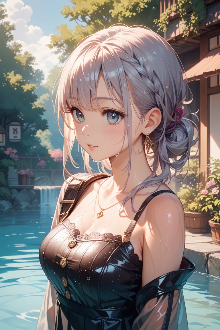 (masterpiece), (best quality:1.2), absurdres, [:intricate details:0.2], 1girl, moist skin, (soaked hair:1.2), (fog:1.2), mist, shiny skin, glossy skin, partially submerged in the pool, (wet hair:1.2), showering , fog, mist, rainfall, tiny water droplet, wet, soaked in water, moisture,