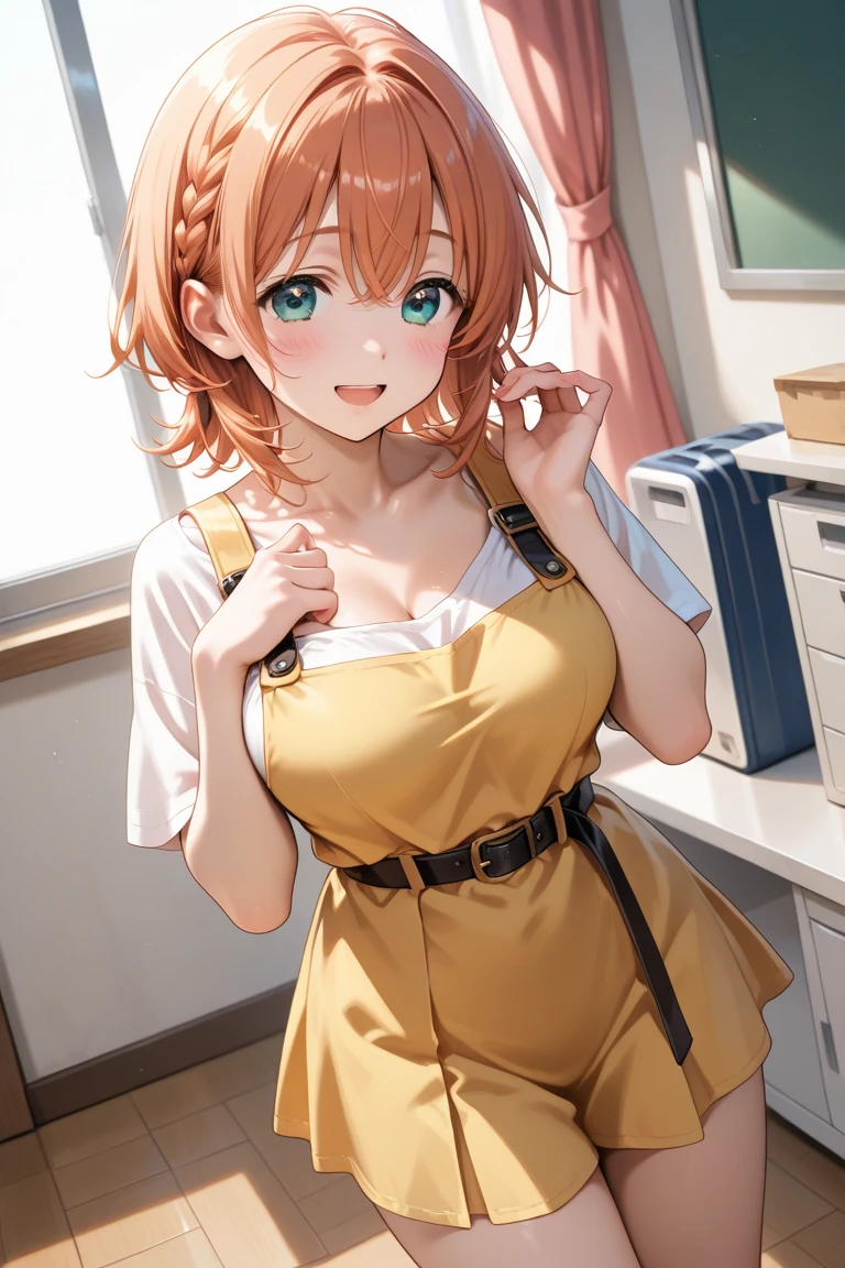 1girl in, Solo, Nakano Yotsuba, Orange hair, Hair Bow, (green bowtie), (Naked:1.3), (White Apron), Large breasts, cleavage, thighs thighs thighs thighs, Cafe Background, (Blushing:1.3)