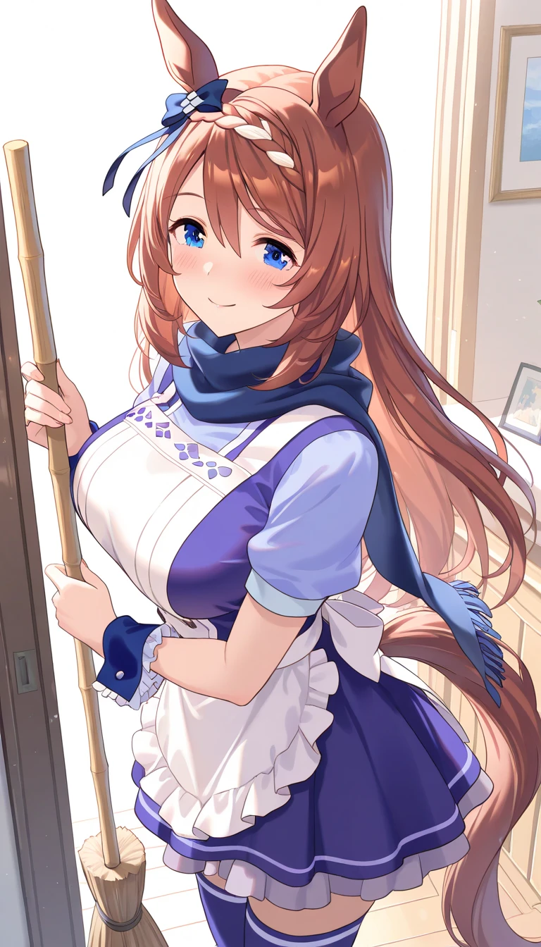 side view、1 woman in the body, Uma Musume's Super Creek( blue dress ,Apron、 Uma Musume at Work , Horse Tail , blue hair bow , Blue Scarf , blue wrist cuffs , blue thigh high socks)、I'm going to do the cleaning、Peel the floor with a broom、 smiling smile、 slightly raised front , soft lighting, home interior decoration, Soft Atmosphere, Warm expression, Close Range, Intimate moments, Super Detailed, masterpiece, best quality,