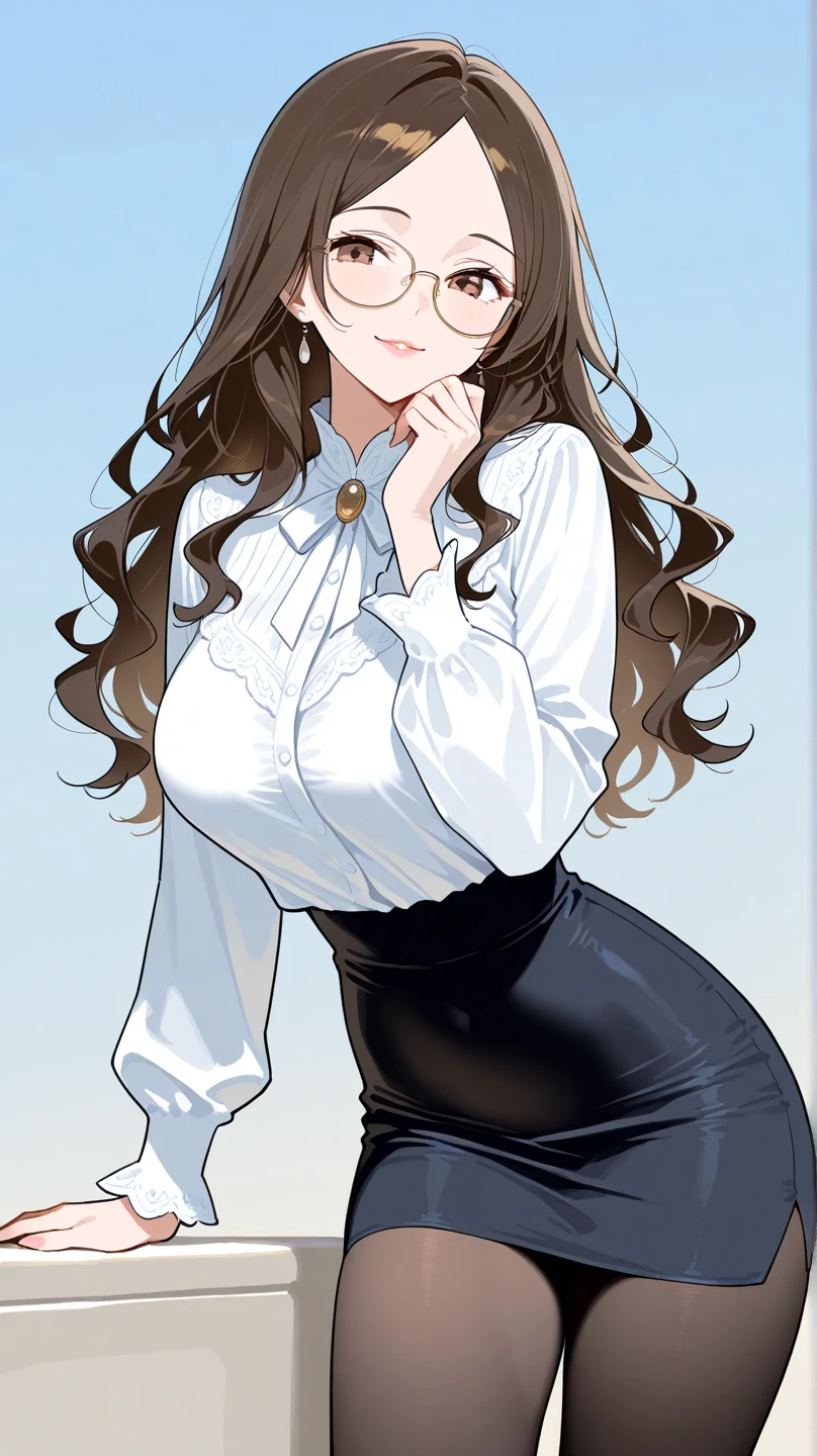 Mujer, long brown hair, con gafas, Brown eyes