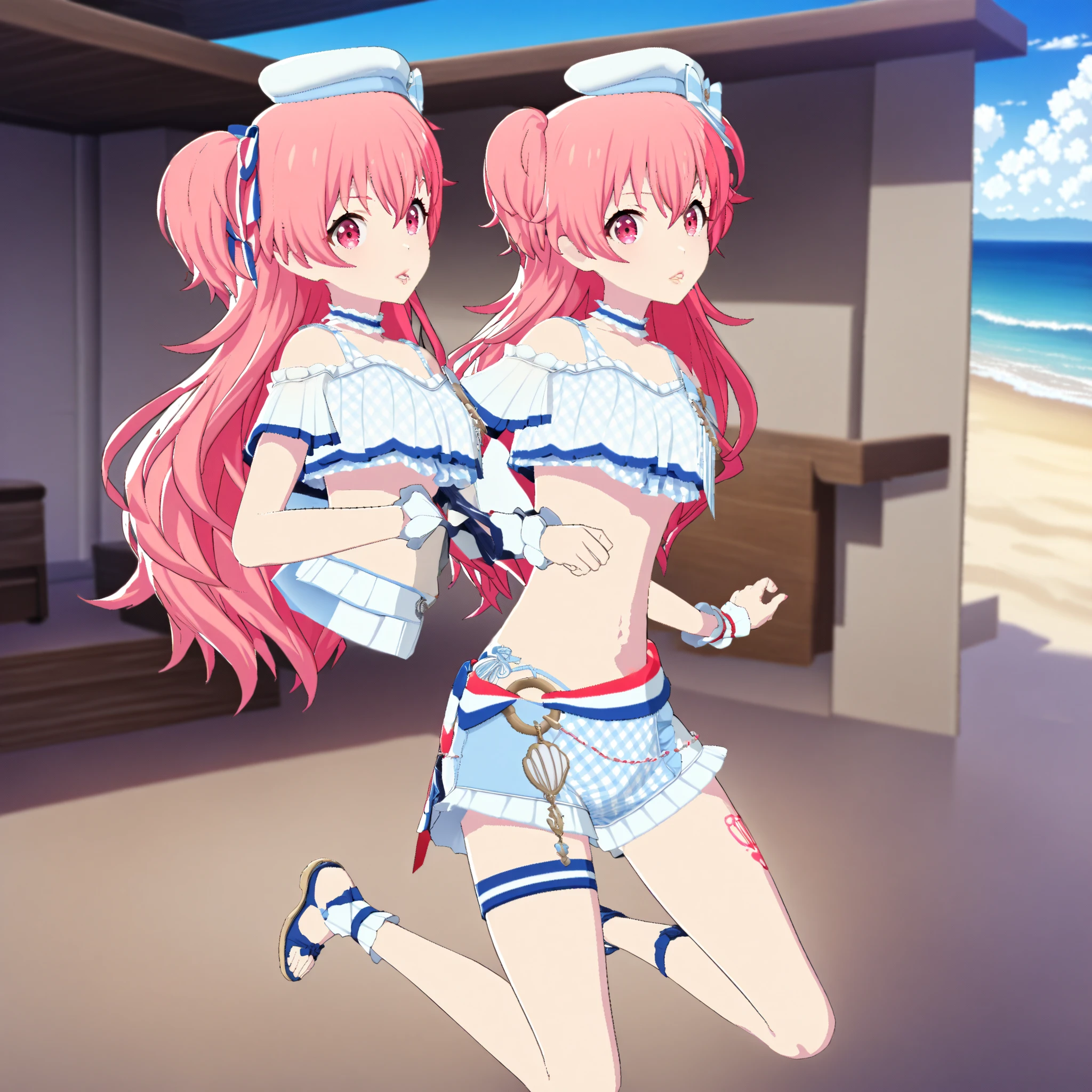 masterpiece,best quality,<lora:honkai_impact_all:1>,2girls, outdoors, tail, blue hair, pink hair, hair ornament, navel, v, :d, bare shoulders, beach, black gloves, blue eyes, blue sky, closed mouth, cloudy sky, highres, honkai \(series\), honkai impact 3rd, liliya olenyeva, one eye closed, open mouth, pointing at viewer, rozaliya olenyeva, sand, single horn, sleeveless dress, twins, water, you'a