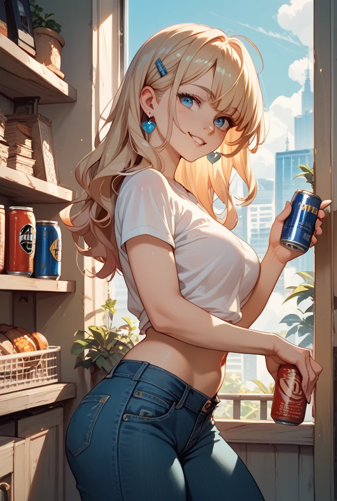Woman with long blonde hair, blue eyes, Athletic build, A red plaid cowgirl shirt with short sleeves and a rolled up collar, clock, Navel exposed, Denim hot pants, Brown belt with oval buckle, Please stand up straight, Drunk,Severe hiccups,In front of a wooden wall,can of beer,Front view,Cowboy Shot,16K, Highest quality, masterpiece, Realistic, detailed