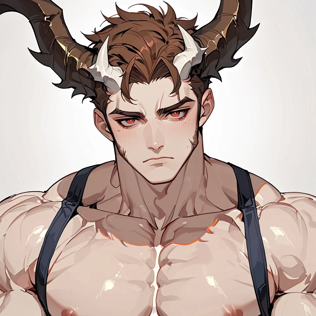 a big, muscular man, common pair of horns on head