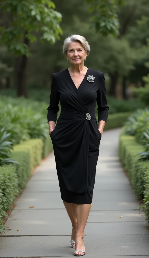 Venice, 2024. A ((((57-year-old)) lindsay duncan)), sunglasses, ((((elegant clothings from the 2020s, black summer dress)))), ((hairstyle of the 2020s))