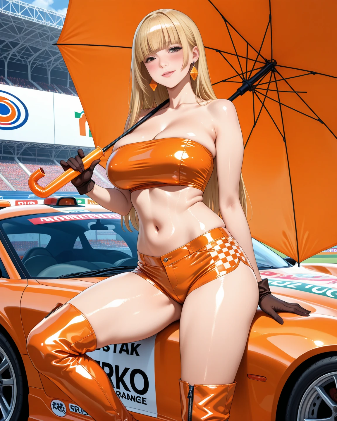 Highest quality,Highest Resolution,(((Orange Bikini　Orange Boots)))　Metal Max 2:Reloaded　Mishka　gun　Blonde　long　Blue Eyes　D Cup　17 years old　end of the century　desert　Warrior