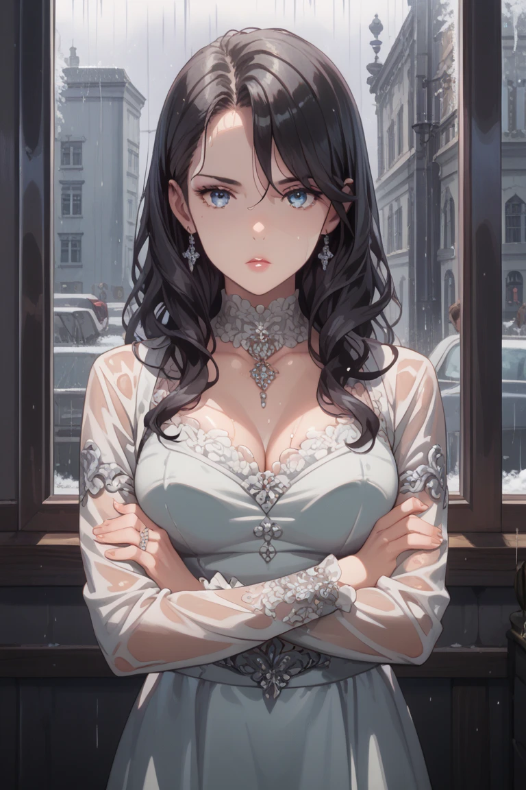 best quality, masterpiece, High resolution, a girl, court clothing, necklace, jewelry, pretty face, big breasts, more than_Body, Tyndall effect, lifelike, dark studio, edge lighting, two-tone lighting, (HD skin: 1.2), 8K Ultra HD, SLR camera, soft light, high quality, Volumetric lighting, frank, photography, High resolution, 4K, 8K, Bokeh,