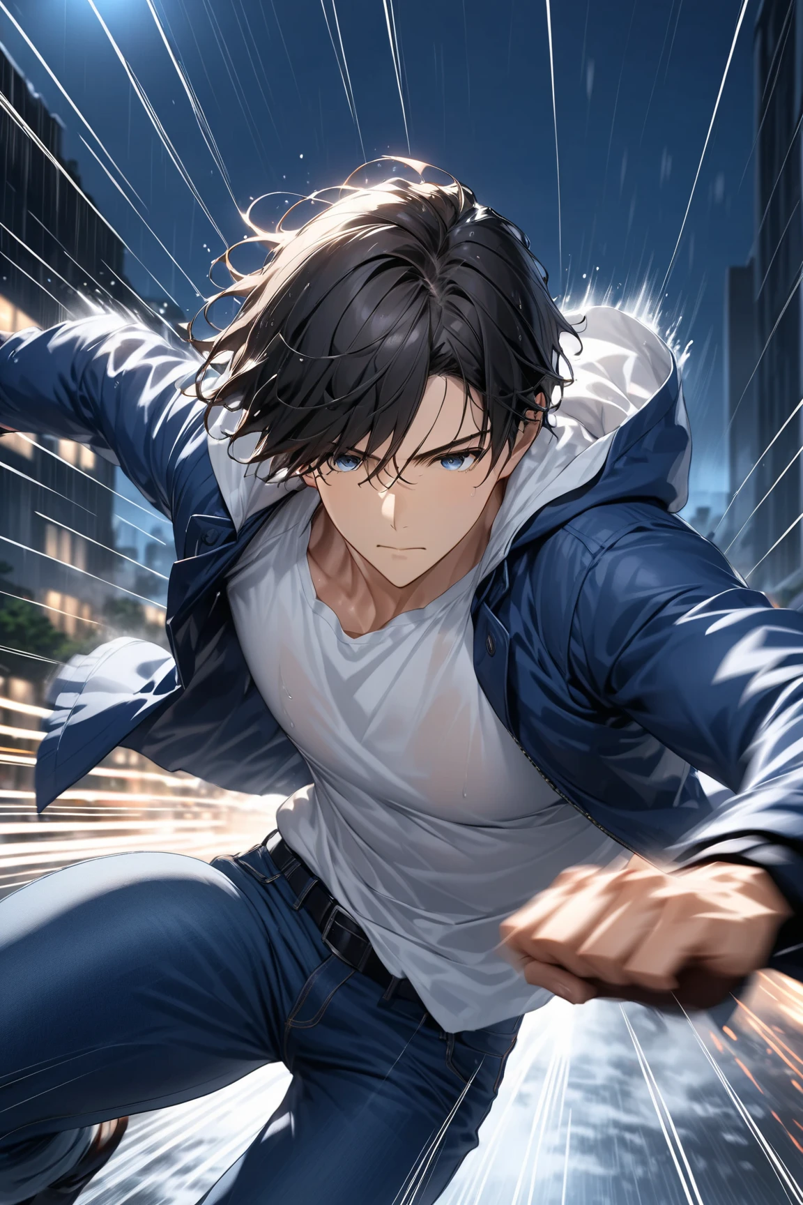 Asuka" running in the squall, wet hair, a handsome young man with dark hair ((motion blur: 1.8, speed line, action line)), solo, blue jacket and jeans, white T-shirt, night, fighting stance, background: urban office area