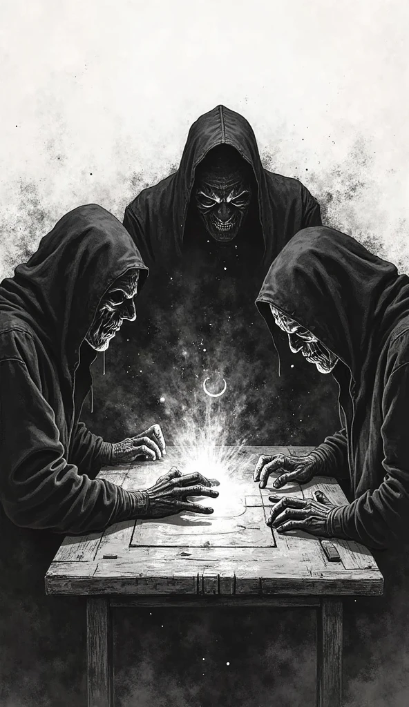 ((side view):2),close up portrait of line ghosts of Buddhist monks, many ghosts, without faces, shadows, night, jungle, fog, opened mouth,  graphic style of novel comics,dark novel style, comic, 2d, 8k, hyperrealism, masterpiece, high resolution, best quality, ultra-detailed, super realistic, Hyperrealistic art, high-quality, ultra high res, highest detailed, lot of details, Extremely high-resolution details, incredibly lifelike, colourful, soft cinematic light,