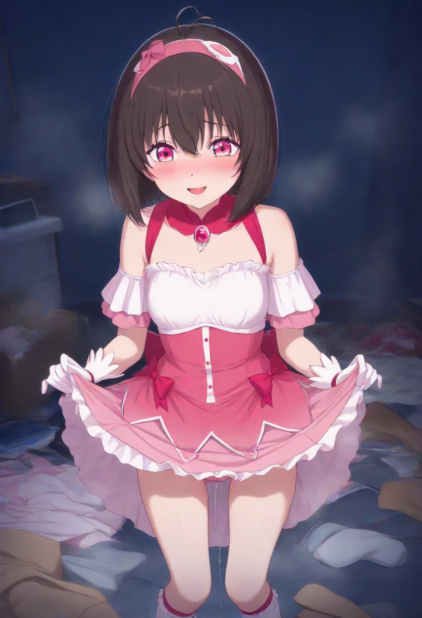  8 years old、Pink dress、Skirt Lift、Striped underwear