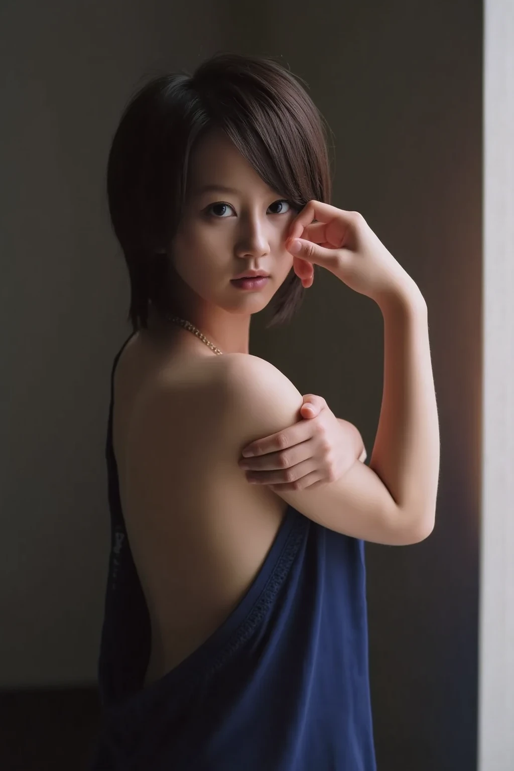 (masterpiece), Very detailed, Ultra-high resolution, Realistic, photo Realistic, High-resolution RAW color photos, Professional photos, Sharp focus, (Very detailed顔と肌の質感, Very beautiful eyes, Glossのある肌, Glowing Skin, Glowing Skin, Shining Face, Gloss, Oily skin, greasy face, Oily skin, greasy face,), (real Glossのある肌 texture), Perfect Anatomy, Very detailed背景,((sit on a massage table)), Japanese women,(Lean, slender body、Thin legs),(short hair, Straight hair, bangs, Brown Hair),((Flat Chest:1.6)), ((Dark navy strapless one-piece swimsuit、Japanese School Swimsuit))、((Take off,Upper body naked:1.5)),((A body that is so shiny with oil:1.7)),(((((1 male、A man grabs a woman's breasts from behind))))),((Browsing Caution))