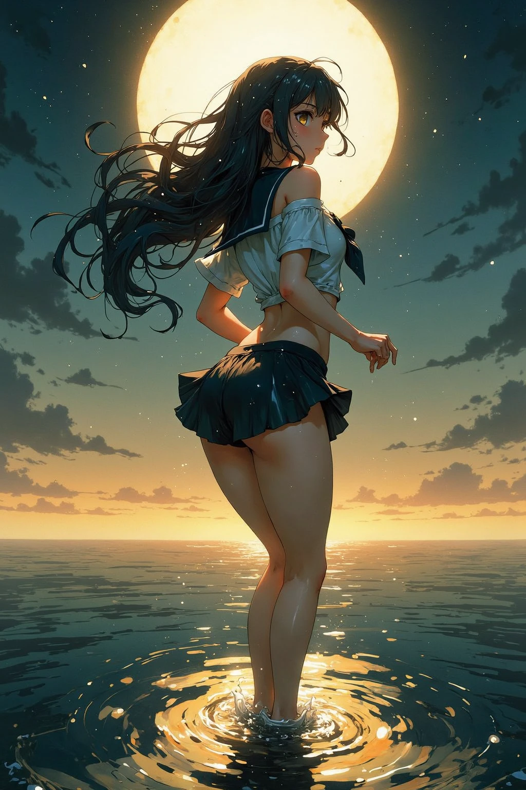 8k, masterpiece, RAW Photos, highest quality, Realistic, Very detailed, Depth of written boundary, Cinematic Light, Anatomically correct body, 
One beautiful 40 year old woman, (Very beautiful face:1.3), (Exquisitely detailed face:1.3), (A seductive face:1.2), (Very delicate skin texture:1.3), Transparent muscle, Shiny white skin, Glamorous Body, 
(Wavy black long hair:1.2), (Sexy Breasts:1.1), (Sexy ass:1.1), 
(Pure white high leg leotard swimsuit:1.2), (Detailed cloth texture:1.2), (Gorgeous necklace:1.1), (Gorgeous earrings:1.1), 
(Dark starry background:1.4), (Milky Way:1.1), (milky way:1.1), (shooting star:1.1), (Dark coastline at night:1.4), (Pitch black sea surface:1.4), 
(Standing on the beach:1.2), 