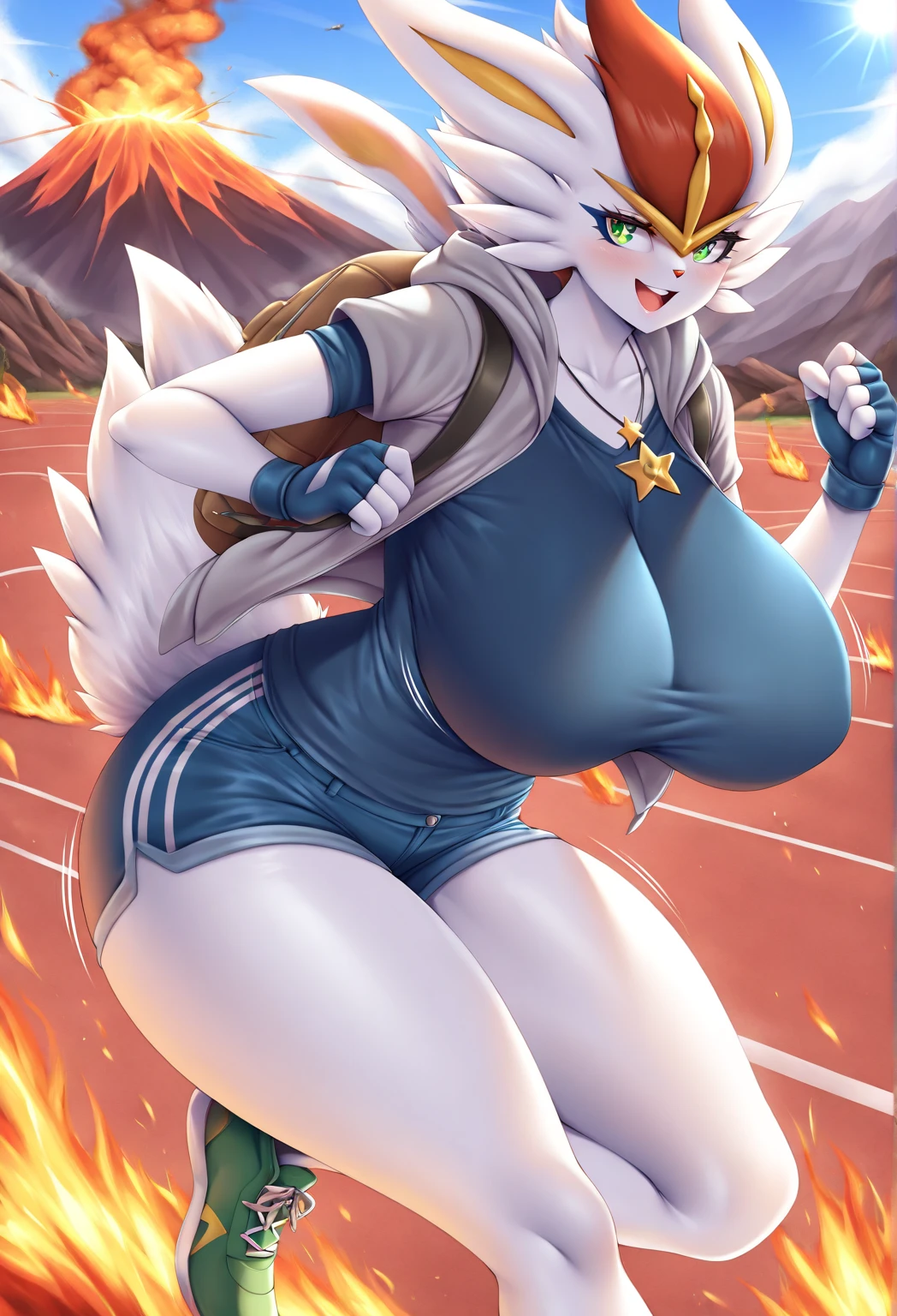 ((best quality, masterpiece, Perfect anatomical structure, detailed picture)), 1 female, Andromorphine, arctic origin, arctic fox, long visor, Purple visor, Purple Eyes, Sexy body, Future Soldier Clothing, Fluffy tail, blush, On the battlefield full of gunfire, pregnant,Front view,Red battle suit,Big breasts