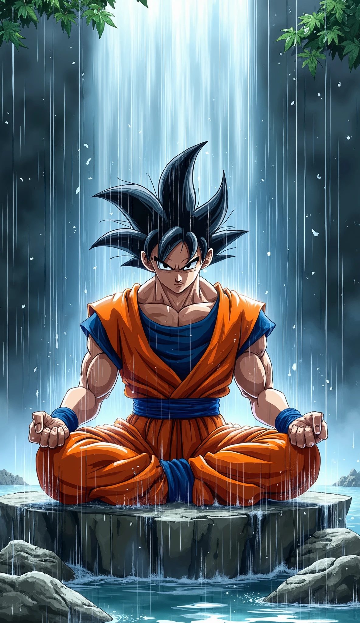 Generate a masterpiece solo anime character Son Goku from Dragon Ball Z, sitting under a waterfall on a stone to meditate and hair and clothes got wetted by the falling water of waterfall and he trying to relax his mind while closing his eyes 