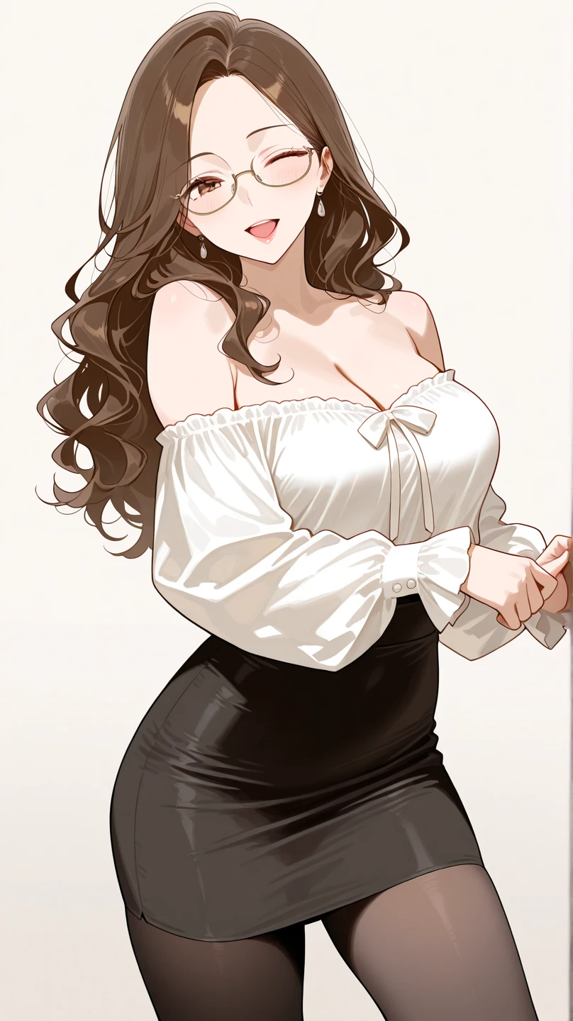 One woman ,short wavy hair ,red lipstick,face makeup,mole under right eye, tassel earrings, perfect mature body,cleavage, turtle neck white sweater,pants,brown hair,navel