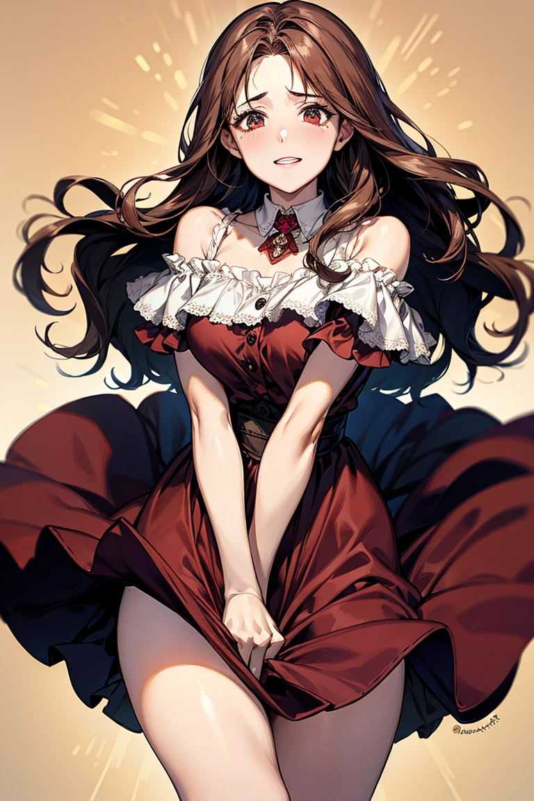 (Best Quality), 1 girl, long straight hair, light brown, purple eyes, crimson lips, a crimson-colored dress, a diamond in her hand
