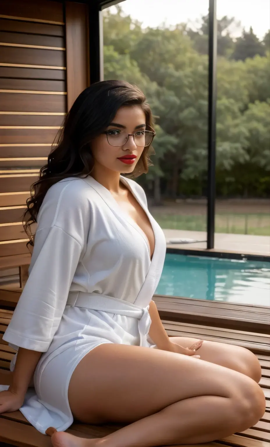 Adriana Morales is a beautiful young Spanish woman, beautiful rectangular face, she wears glasses, subtle make-up, red lipstick, muito detalhado, soft skin, beautiful eyes, slick hair, She wears a ((bathrobe)) and lies relaxed in the wellness area of a hotel on a lounger, the sauna can be seen in the background, (best quality,4K,8K,highres,masterpiece:1.2), ultra-detailed,realistic:1.37, HDR, uhd, sunlight, bokeh, (distance shot: 1.8), (whole body photo:1.8), from a distance, (taken from the side:1.5)