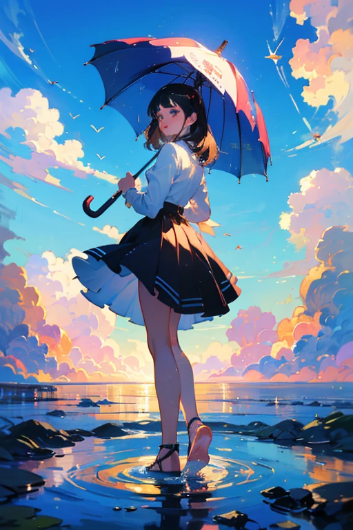 (close up:1.4)、(RAW photos:1.2)、(Reality:1.4)、(masterpiece:1.3)、(best quality:1.4)、Japanese Girls、(Night view:1.2)、Thin clothes、pretty girl、Put one foot in the sea、Stand on tiptoe、landscape、Between the horizon and the sea、Side View、Ripples spread from the toes、Stand about 20 meters away、on the sea、The whole scene is shining、illumination、