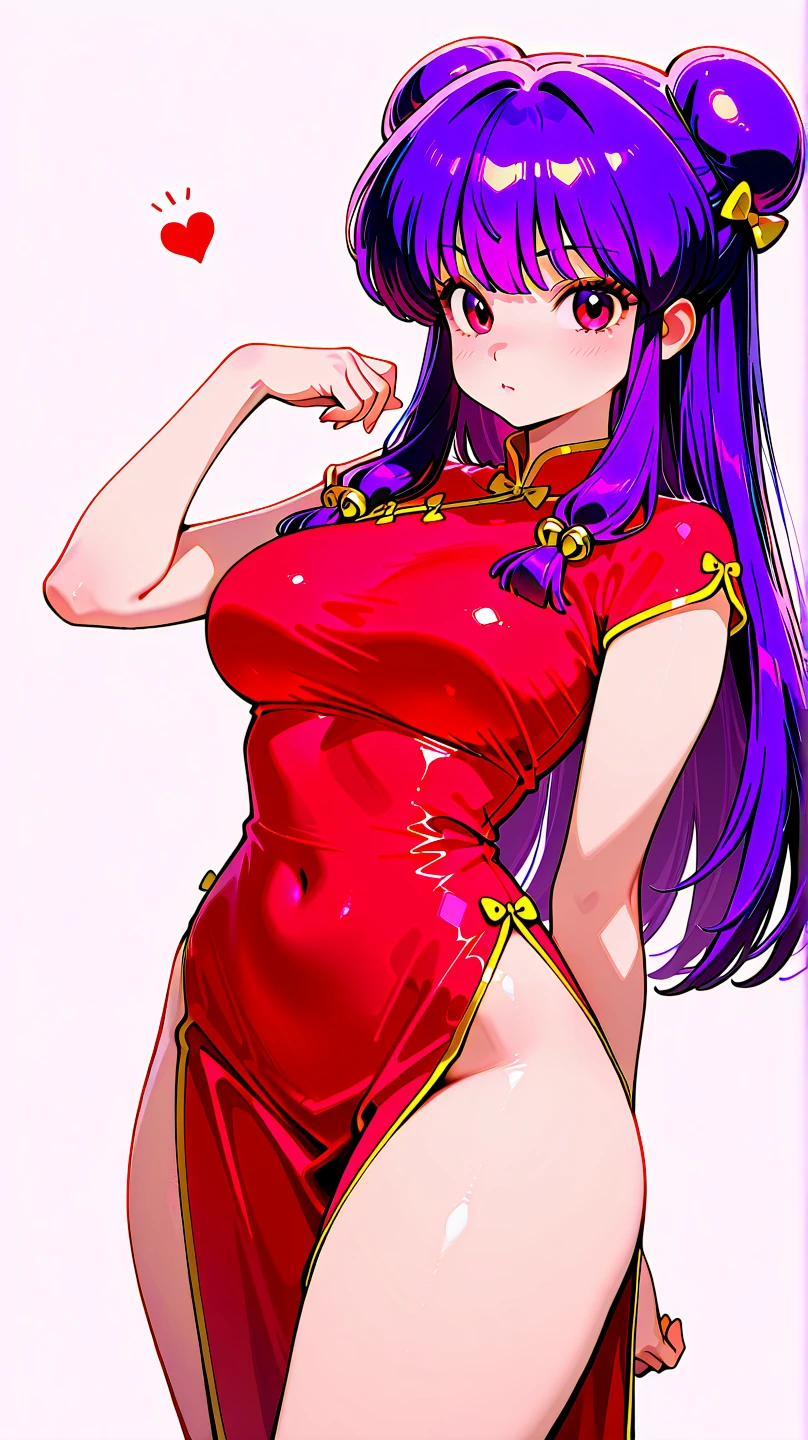 (1girl, solo, masterpiece, 4k,  best quality:1.2, (cowboy shot), best quality:1.2, NICE HANDS, COLORFUL, (perfect hands, perfect anatomy)), 
shanpuuranma, (china_dress_red_SMP),   purple hair, long hair, twin hair buns, ((MEDIUM BREASTS, BIG HIPS, LOOKING AT THE VIEWER)),
((simple background, white background)),  ((ARMS UP, HANDS BEHIND HEAD))