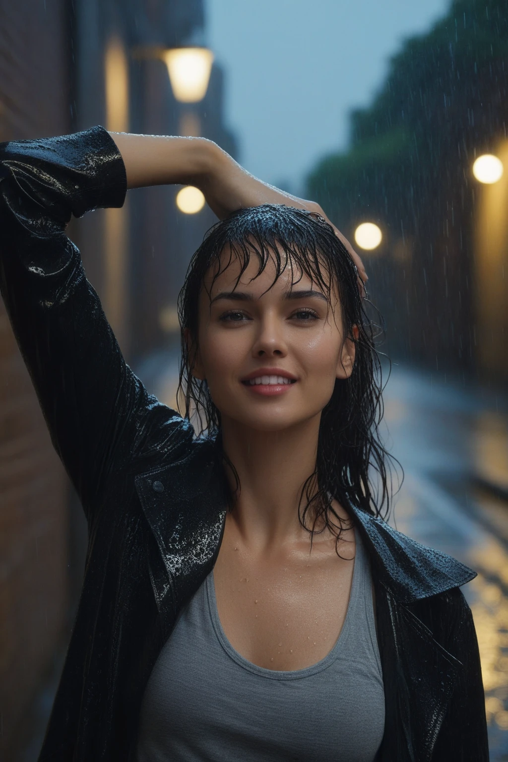 A beautiful woman dancing in heavy rain, wet face, wet body, messy hair, high resolution, ultra-detailed, extremely detailed, 
