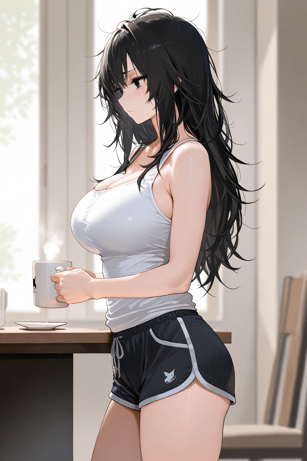 score_9,score_8_up,score_7_up,score_6_up,1girl, solo, shorts, black hair, long hair, breasts, black shorts, looking at viewer, holding, dolphin shorts, short shorts, blush, strap slip, standing, bare shoulders, thighs, shirt, parted lips, white shirt, cowboy shot, blue eyes, cup, camisole, indoors, holding cup, bangs, cleavage, purple eyes, white camisole, medium breasts, hair between eyes, sleeveless, bare arms, hands up, wristband, spaghetti strap