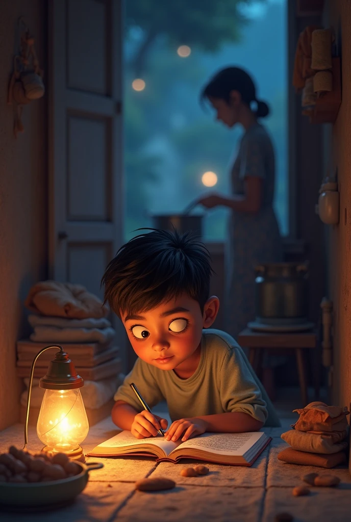 A boy sits at a table in a softly lit Quito house