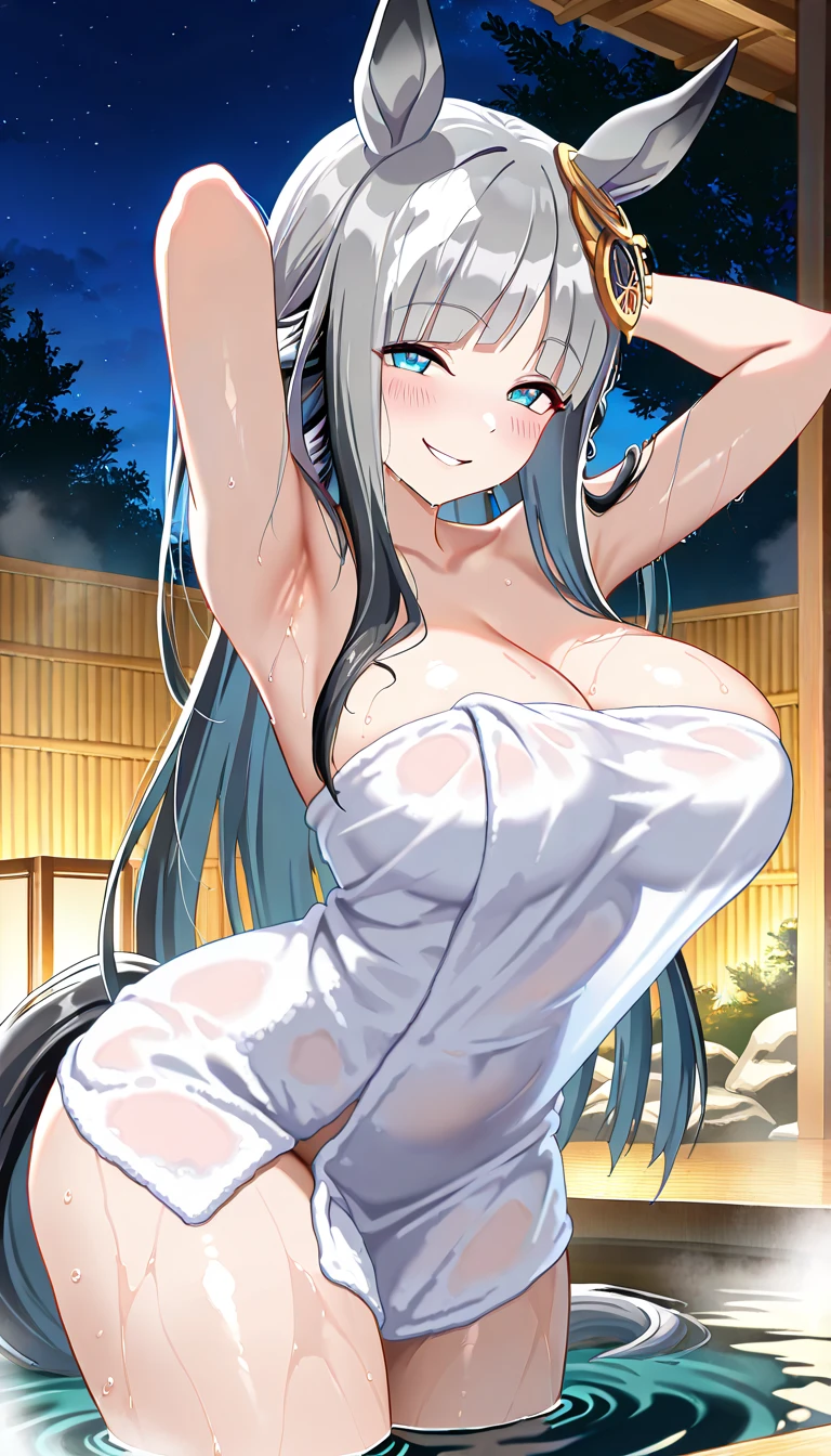 Yamato  (wanostyle) earrings, hair stick, bare shoulders, japanese clothes, rope, sleeveless kimono, shimenawa, high ponytail, large breasts, side boob, bathhouse, water, wet,  multicolored hair, light green hair, horns, happy