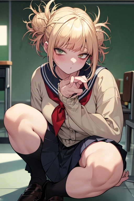 Highest品質、Highest１people girl,high quality,A be familiar withed face、A be familiar withed eye、be familiar with nose、be familiar with mouth、 beautiful expression, ((Masseter muscle part)), ((High resolution)), ((Highest品質)), be familiar with, (NSFW:1.4 ,how、excited face.I&#39;I&#39;m very happy,), ((Skin shiny with sweat)), (school uniform:1.2、loose socks)、 with a girl, blonde, (half twin tail)、Please sit at your desk and spread your legs.:1.3、pure white skin:1.3、、, cinematic lighting, completely in the shade,(((classroom))), Realistic lighting with shades,show your whole body