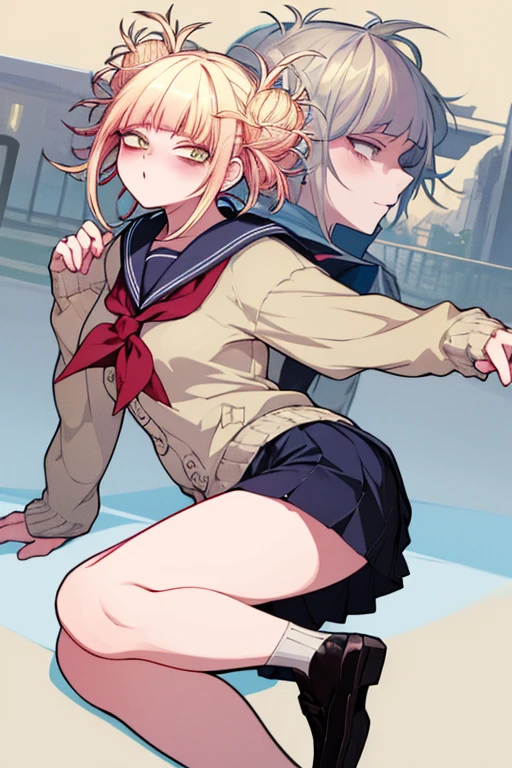 Hide hands, fist clashes, duels, complex and colorful effects in the background, two girls, bodysuit and sailor suit fusion, sailor suit fusion, nipple seal, small, pigtails, female brat, thick eyebrows, thin waist, beautiful blonde, braid, (masterpiece), ((highest quality)), (super detailed), girl, clean and detailed face, five fingers, textile shading, perfect anatomy,