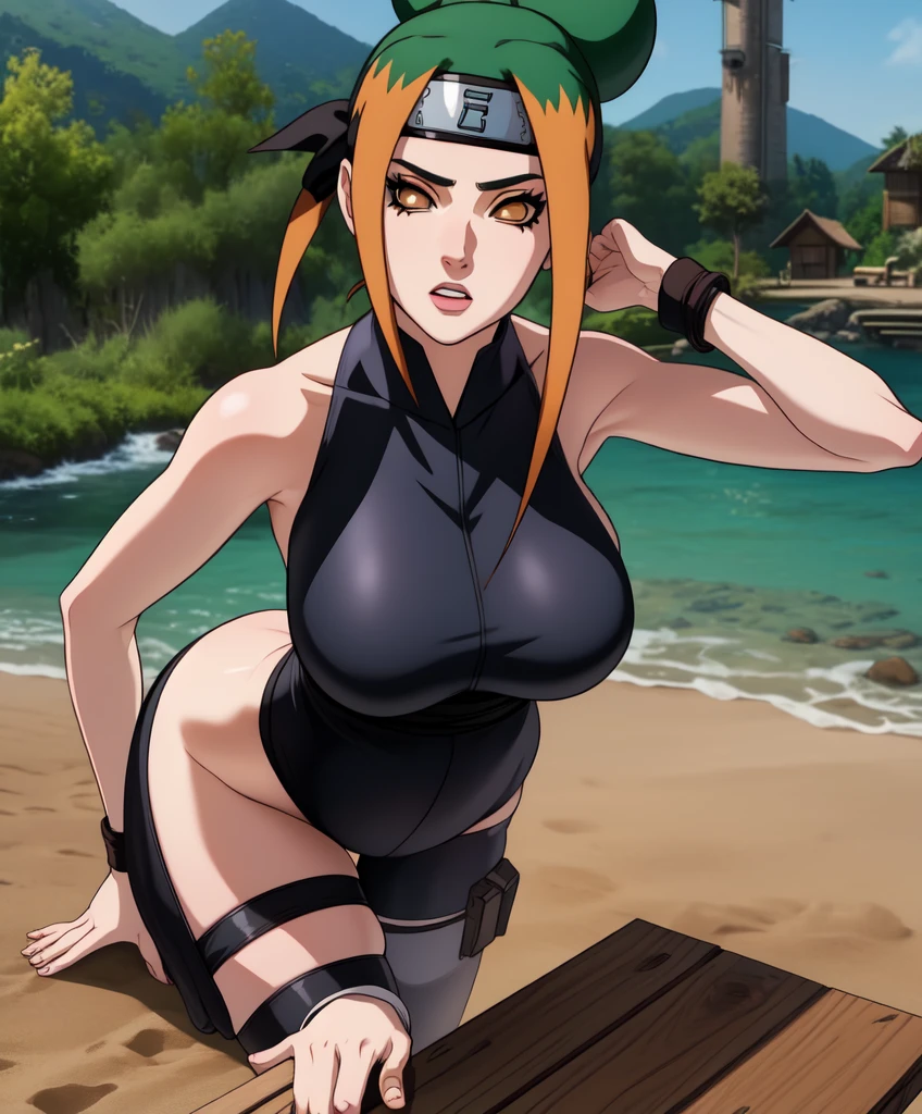 Boa qualidade, ultra realista, garota jovem, pele levemente bronzeada, olhos uchiha madara, slightly pink lips, cabelos longos e negros liso, detalhado, realista, HD, fundo aldeia uchiha, roupas modestas, skies clouds, vento, dynamic pose, ultra realista 