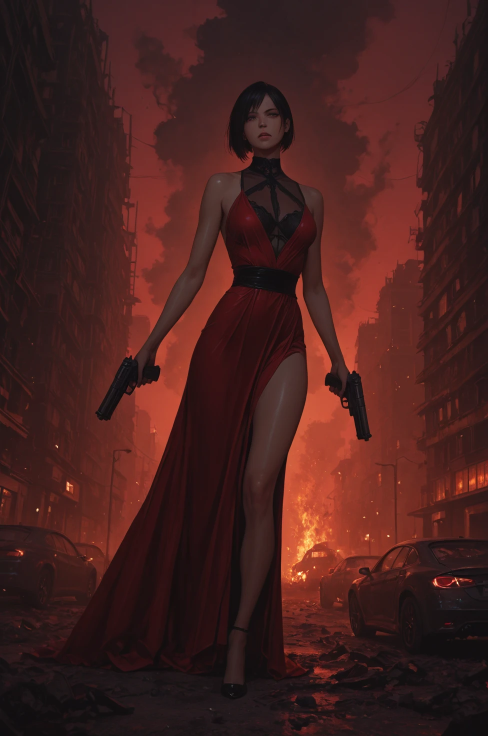 dark night scene, best quality, (full body:1.2), third-person shooter screenshot, beautiful shapely asian woman (Ada Wong), (ragged and damaged_red_dress:1.3), standing in the dark corner in dynamic pose, beautiful face with scratches, (zombie crowd), (bite marks on the skin:1.2), short black hair, (soft skin color), (deep green eyes), (athletic:1.3), (wide hips:1.1), (thick thighs:1.1), bandage on left leg, night zombie city in background, detailed background, fantasy, (nixeu_white:0.7), (nixeu_extra:0.7), dark aesthetic, (medium size boobs:0.8), heavy breathing, (tired), (horror atmosphere), (Resident Evil 2 Remake), film grain, lens distortion, (chromatic aberration),
intricate, unreal engine 5, volumetric lighting, realistic, realistic lighting, cinematic, 4k, cinematic lighting, depth of field, masterpiece, perfect, award-winning, hyper-detailed, photorealistic, ultra realistic, realistic light, hard lighting, intricate details, stop motion, hyperfocus, tonemapping, sharp focus, hyper detailed, (fog:0.9)