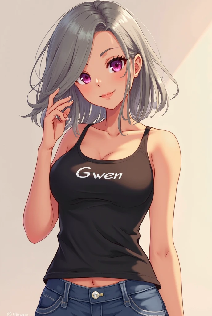 Create a young white woman, 20 year, silver-haired, slightly purple eyes, straight and short hair, wearing tank top, jeans, breasts 1.3, fine-detailed