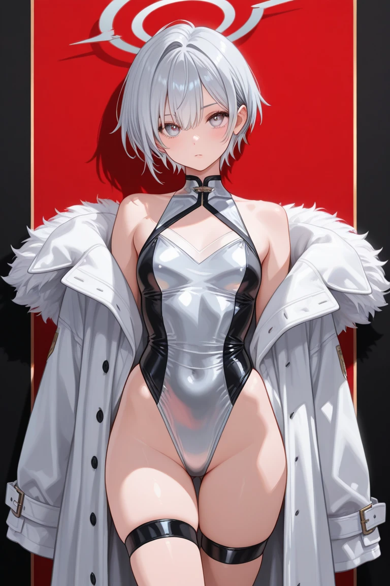 Mega twinrabãos, 1girl, solo, white hair, black hair, multicolored hair, x-shaped pupils, black eyes, sorriso sexy, peitos medios, apalpando os peitos, sorriso sexy, (alta qualidade, 8k, obra prima, qualidade ultra, extremamente detalhado, bem colorido, no blurries, foco absoluto, Impeccable quality), 1girl, calcinha de perna alta, jaqueta com capuz, jaqueta aberta, Hands, sbikini, best quality, altamente detalhado