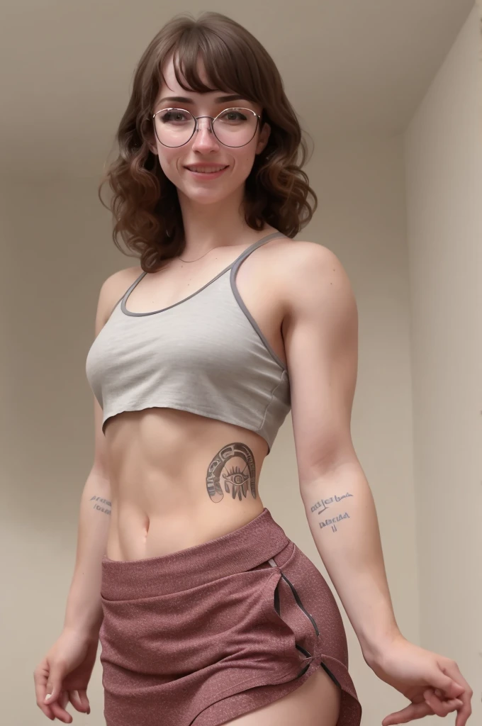 Sophia Lillis, muscular body, makeup, pale skin, long wavy hair, flexing