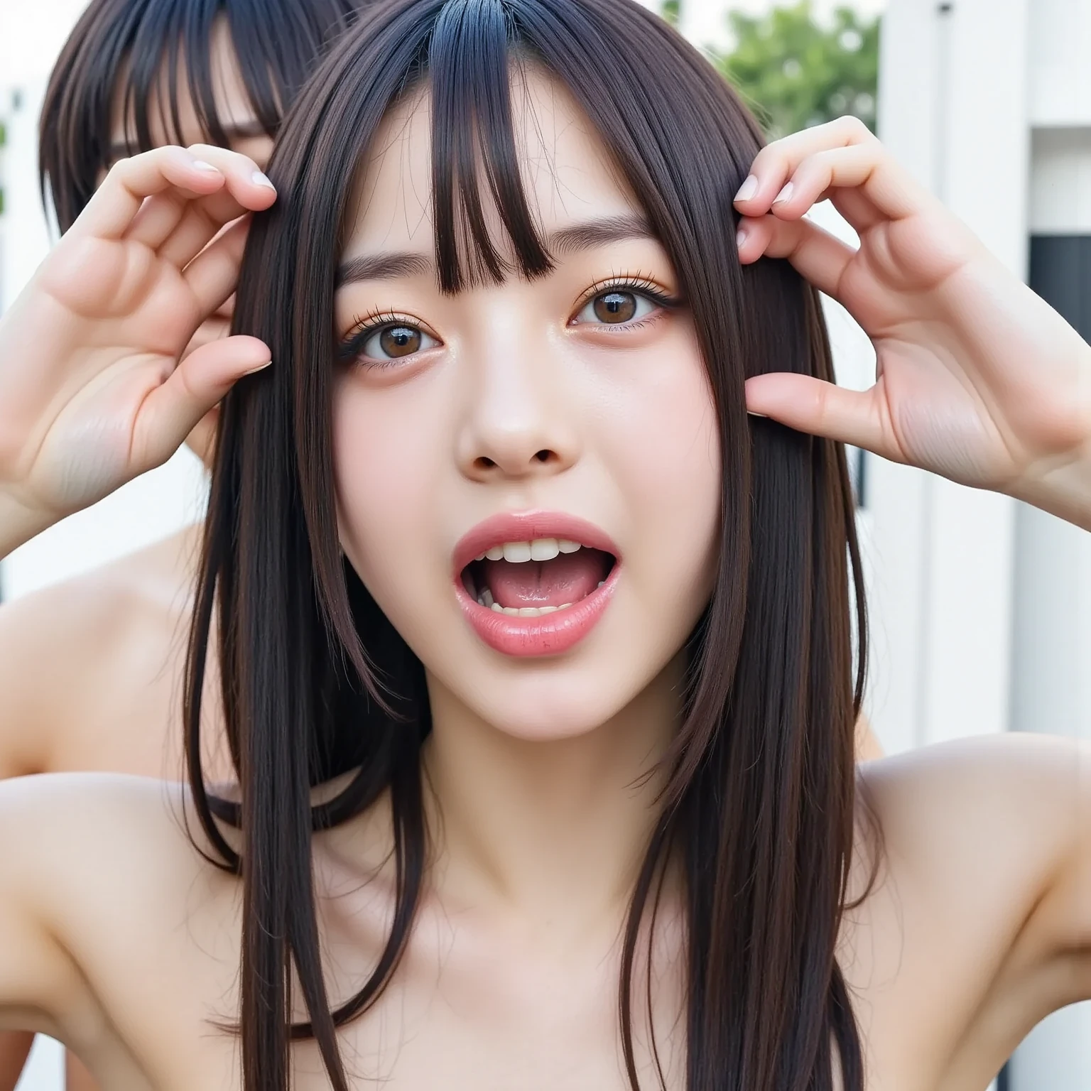 real girl pictures，timid, young and cute，A 15-year-old Japanese beautiful idol with a loli face and cute smile, loli loli，baby face，thin and short，long hair，ponytail，bangs, (thin thighs)，Completely naked，While in the spotlight on the bed on the stage, my favorite  idol has intense sex with me, who is also a fan.，squat with legs apart，show pubic hair，beautiful nipples