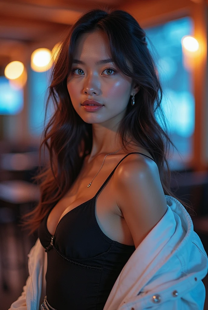 A very cute face like an idol、One 20-year-old woman with a youthful appearance、((leica 50 mm prime lens, cinestill 800T film))、(Cleavage)、(((Beautiful starry sky on the beach at night)))、((Very dim lighting))、((Don't expose your face to the light))、((Long-distance shot))、RAW Photos、Genuine、live-action、(Artistic Expression)、High resolution、masterpiece