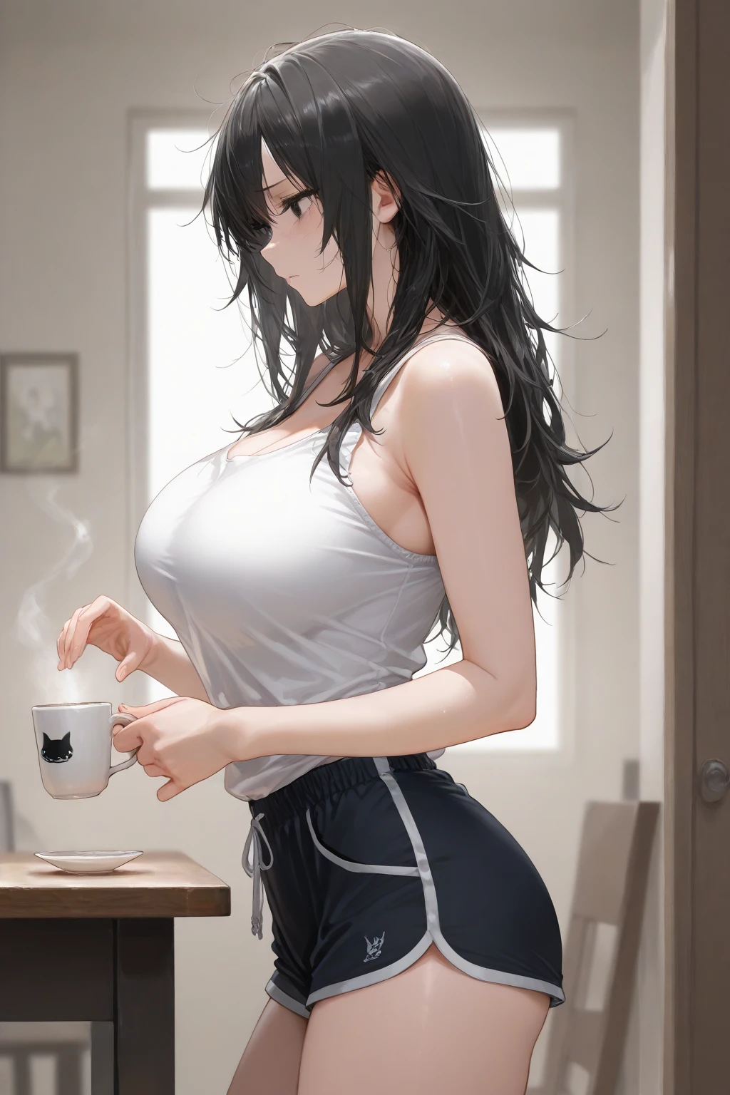 highest quality、(real、photorealistic:1.4)、(RAW photo:1.2,(Curve,Model,glamor:1.5),Beautiful breasts,(from below:1.2),(from side:0.9), ((Face)), (Close-Up:0.4), ((looking at viewer, holding a cup of coffee)), highest quality、(real、photorealistic:1.4)、(RAW photo:1.2),highest quality，(masterpiece)，(((Whole body image)))，(a 18yo girl)， (Highly detailed face),Slightly round face, (Tan brown face:1.0), Boyish beauties, beautiful face, Beautiful lips，Baby Face,（Big eyes),((black,hair,long pony tail hair)),thin pubic hair,cute,lovely,(strong silver hair:1.2),(blunt bangs),(Brown skin:1.0),(Military uniform, bulletproof jacket),nice companion,delicate body、thin legs,beautiful black dress,black gloves, black thighhighs, white panties,(double breasted,under bust:1.2)in the kitchen Woman in survival mode，Sexy thighs，Heat，Sweat heavily，Tropical forests，During a break，sit cross-legged on the ground,The way the light shines is beautiful, Beautiful buttocks,(with sparkling eyes and a contagious smile),little open mouth,black suspenders,Bulging big,breasts,walls: Black miniskirt,garters,Gaze,Small face,bangss,holster,Beautuful Women,hands up,leg holster,Gaze,black boots panty shot, provocation,flank,flank sweat soio,arm,,narrow waist,(with sparkling eyes and a contagious smile),her thin pubic hair, looking at viewer, pose muy sexy"
