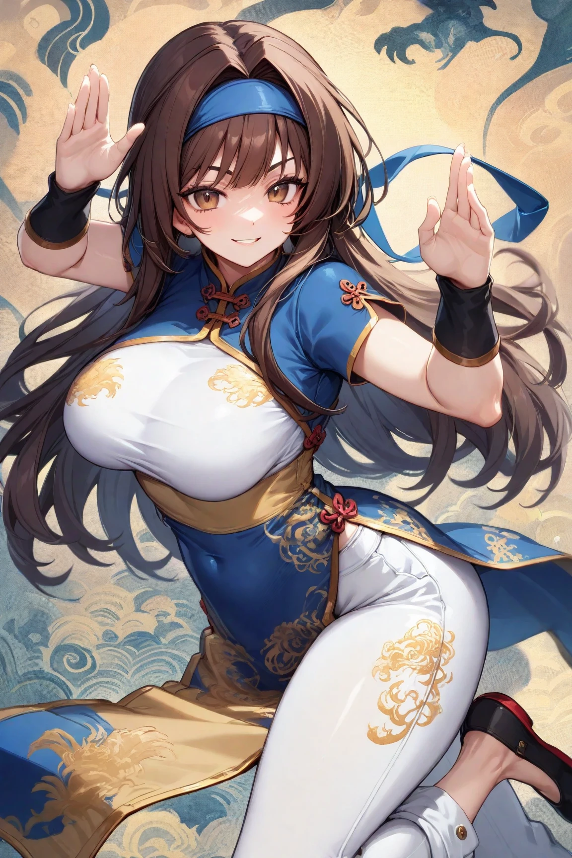 cheongsam,masterpiece，Highest quality，1girl，asuna，solo，blue eyes，Long hair，Halation，Fighting Stance，Smile，ass pov，whole body，shoe，Very long hair，Chinese Kung Fu pose，Tai Chi，White background，