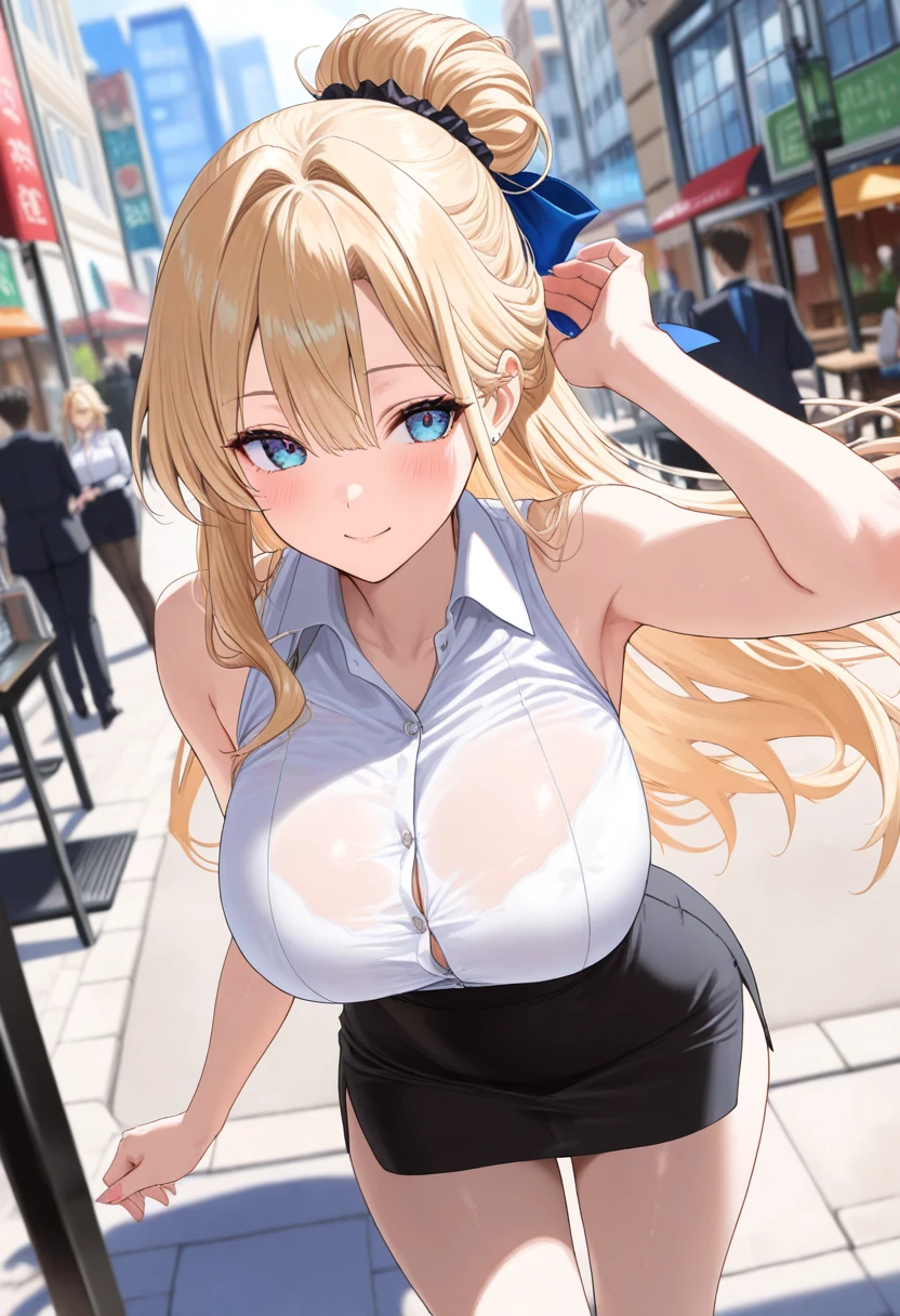((huge breasts))
((Very thick thighs))
((Very fleshy young woman))
(Tall)
(cleavage)
Short Blonde side ponytail hair
Standing
(((Shoot from front)))
(((photograph the whole body)))
(Japanese school uniform)
(white (business) shirt)
(Black mini(school)skirt)
Japanese
Tokyo city