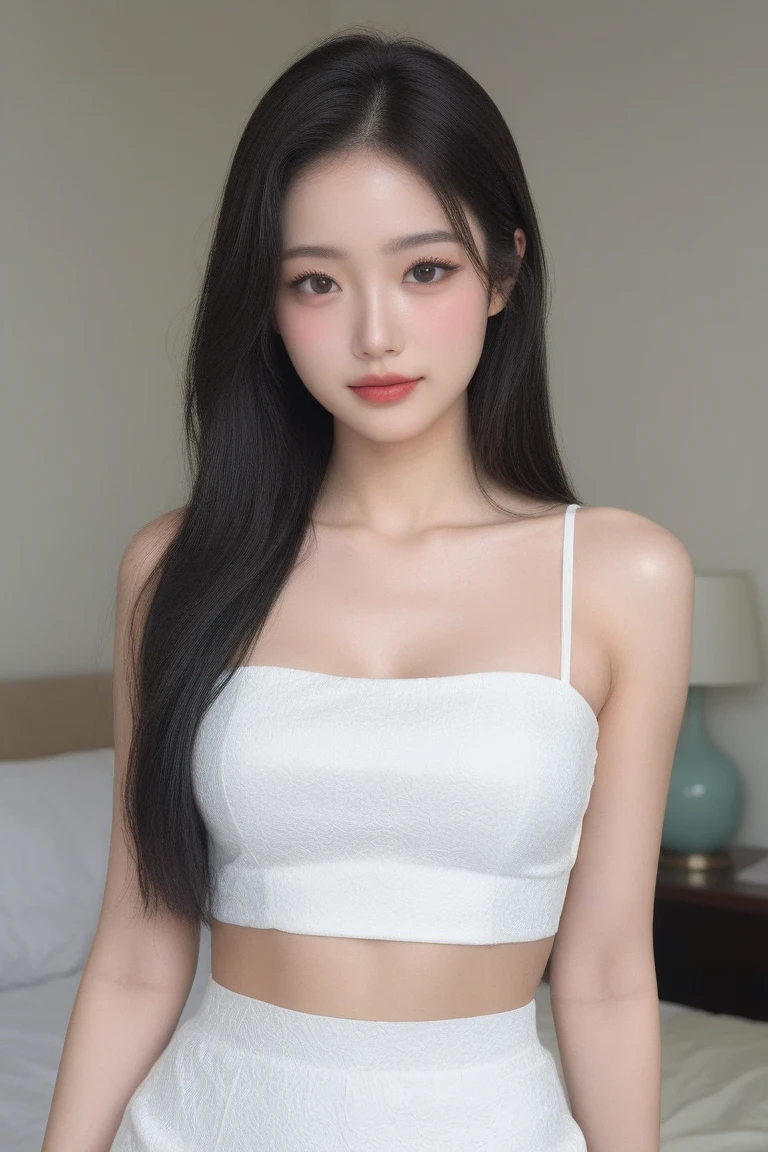 Kim jennie con el cabello negro oscuro, con rulos en las puntas del cabello negro oscuro, con un ganchito de estrella en el cabello negro oscuro, ojos de color claro, ojos bonitos, ojos llorosos, nariz bonita y respingada, labios bonitos, labios rosas, heart and cupid shaped lip, piel bonita, pale, piel blanca, con lunares y pecas en todo el rostro, rubor rosa suave en las mejilla, rubor rosa natural, maquillaje suave y rosa, jennie, cuellos bonito, cuello marcado, frown, mirada enojada, con un collar de beso, un collar bonito de beso, mientras tiene un traje de Yumeko Jabami, cospaly de Yumeko Jabami, mientras tiene una camisa blanca, con tiene un traje de color rojo encima de su camisa blanca, apretado a su cuerpo, con una falta negra corta mientras tiene el abdomen desnudo, delgado, marcado y bonito, (pechos grandes, pechos suaves, pechos bonitos, pechos naturales), mientras esta haciendo cospaly del personaje Yumeko Jabami, del anime Kakegurui, mirando a la camara, autofoto, selfie bonita