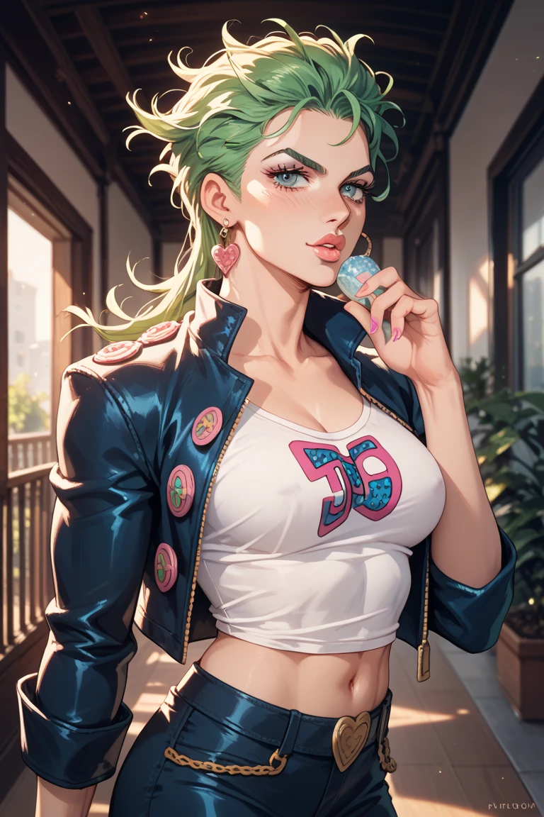 Goddess ((goddess-like woman)), elegant silhouette, masterpiece, best quality, pale skin, fair skin, sweet face, long hair, (masterpiece:1,2, best quality), (real picture, intricate details), (1 lady , solo, medium tits), ((Mitsuri Kanroji (from "Demon Hunters"))), a woman with long green-pink gradient hair and green eyes, green hair, gradient hair, multi-colored hair, long hair, braided hair, (long green-pink gradient hair and green eyes, green hair, gradient hair, multi-colored hair), she has an impressive presence., long hair, bracelet, hoop earrings, jewelry, beautiful face, beautiful eyes, she looks at the viewer, ,She laughs at the viewer, a hearty laugh, she wears a cream colored tank top with thin gold straps under a open green checkered business suit jacket, cropped midriff, Denim pants, sunglasses, tank top with thin straps, (green checkered business suit jacket), Denim pants, shoes, sweet irresistible smile, elegant pose, elegant hands, beautiful hands, perfect fingers, background: city, streets, coffee shop,