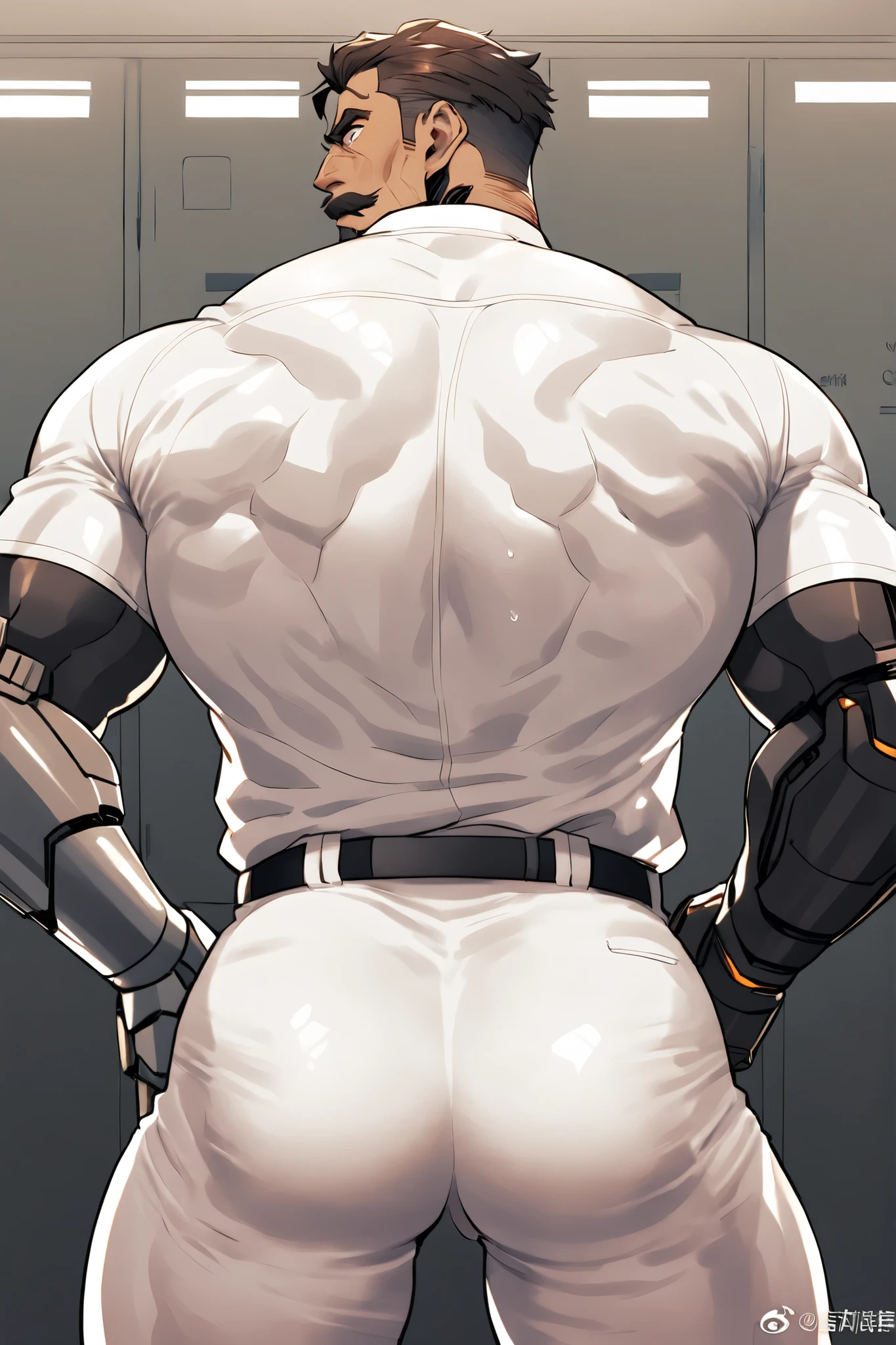 A middle-aged cyborg man, Detailed face, Captivating look, moustache, Masculine face, Muscular body, Prominent veins, wearing baseball uniform, Bending over with his butt facing me, baseball club coach,locker room, sweaty body, alone, only a man, Captivating bottom, Looking towards me, mechanical arms, robotic neck, with one hand on his hip, suffering from badly back pain