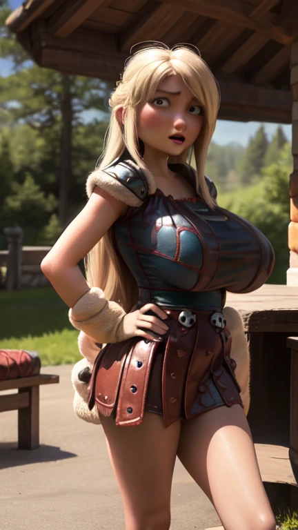 astrid hofferson, cowboy shot, looking at viewer, smile, curvy, voluptuous, large breasts, narrow waist, wide hips, thick thighs, deep cleavage, absolute cleavage, innerboob, navel, v-cut, plunging neckline, side slit, thighhighs