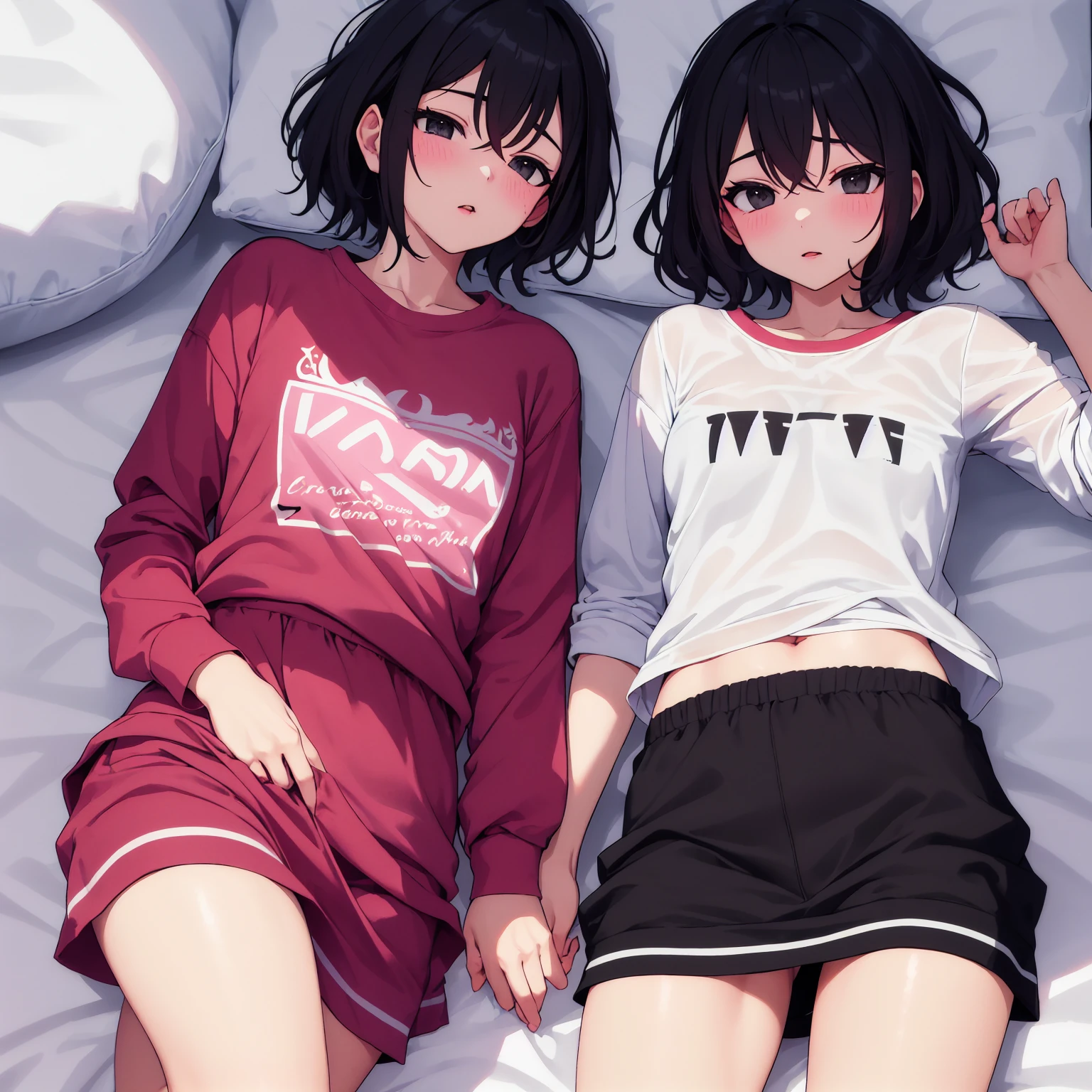 2 girls, Redhead, Updo, Facial hair stripes, Red eyes, mascara,  Sagging under the eyes、feet,  Impact, 8k, masterpiece,Thighs,color、Lift up your skirt、(Skirt flip:1)、pants、erotic、sexy、Thighs、Lesbian、Are sleeping、裸feet、Health Room、bed、Hospital bed、Hospital room、Homosexuals