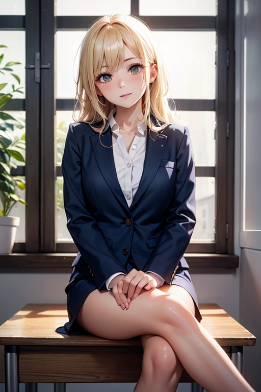 Very detailed expression, (RAW shooting: 1.2), (Photorealsitic: 1.4), beautiful details of beauty and delicate expression, blonde hair, ((panties visible)) (squat pants shot) Nipple piercings, eyelashes, beautiful details Eyes, Huge file size, Super detailed, High resolution, Super beautiful, Top quality, Masterpiece, (Japanese girls' high school uniform)), Spectacular, Fine details, Detailed facial movie writing, 23 year old girl, ( (dynamic pose))), (sitting cross-legged, bending the knees)), pleated skirt, blazer, sexy upper eyes