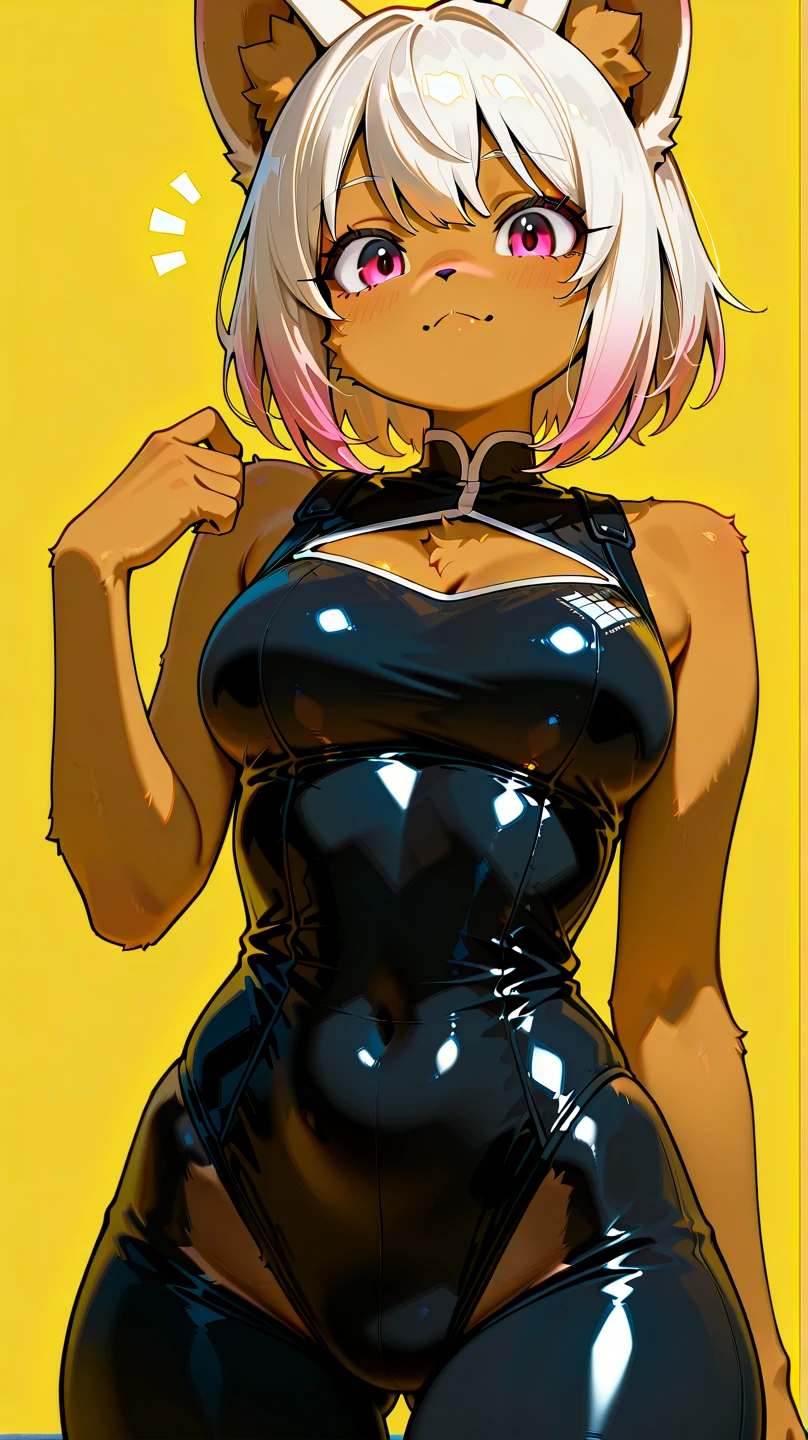 1girl, solo, female thief, dragon quest 3, sexy, black, dark skin, big lips, medium breasts, very short hair, white hair, pixie haircut, straight hair, yellow corset, latex bodysuit, black bodysuit, bodysuit under clothes, pink gloves, pearl necklace, alleyway, nighttime, masterpiece quality, intricate detail, 4k resolution, ultra hd