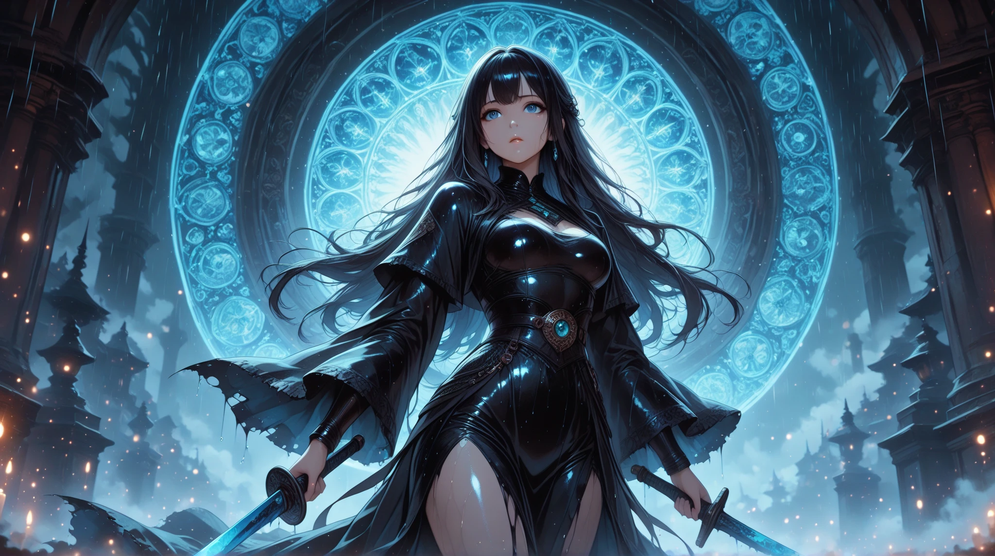 score_9, score_8_up, score_7_up, score_6_up, score_5_up, score_4_up, uncensored, yukinoshita yukino, long hair, black hair, grey eyes, BREAK Photorealistic, Hyperrealistic, Hyperdetailed, analog style, soft lighting, subsurface scattering, realistic, heavy shadow, masterpiece, best quality, ultra realistic, 8k, golden ratio, Intricate, High Detail, film photography, soft focus BREAK, 1girls, holding, female focus, book, staff, floating, robe, open book, holding staff, veil, navel, elbow gloves, torn clothes, water drop, temple, rock, starry sky, dusty, wind art, aura,
