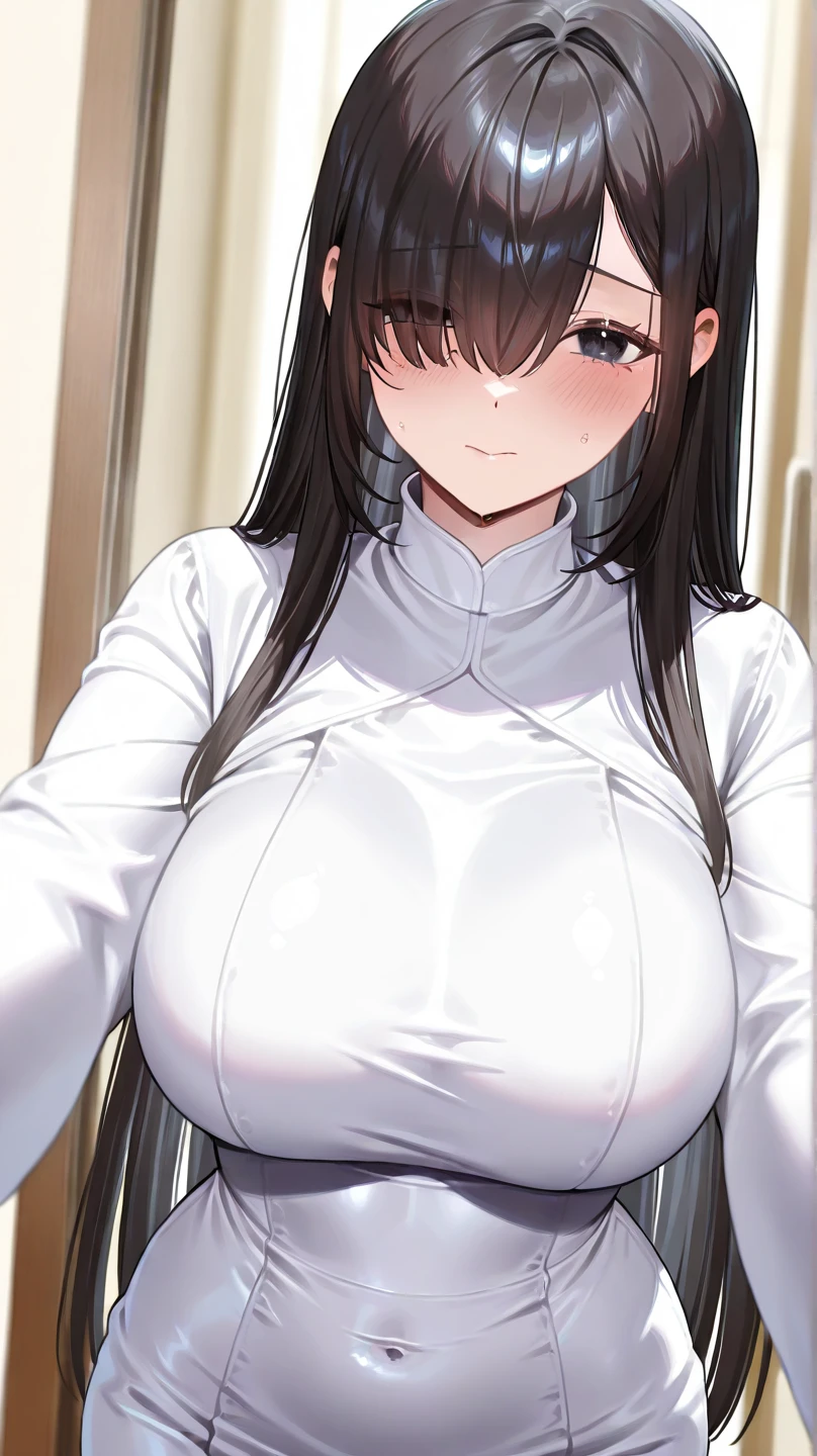 (masterpiece, best quality:1.2), Detailed face, delicate eyes, Elegant woman, long hair, High heel,shiny skin,Shy smile,Welcome at the door, white door, shirt, trousers,Huge breasts,Upper body close-up
